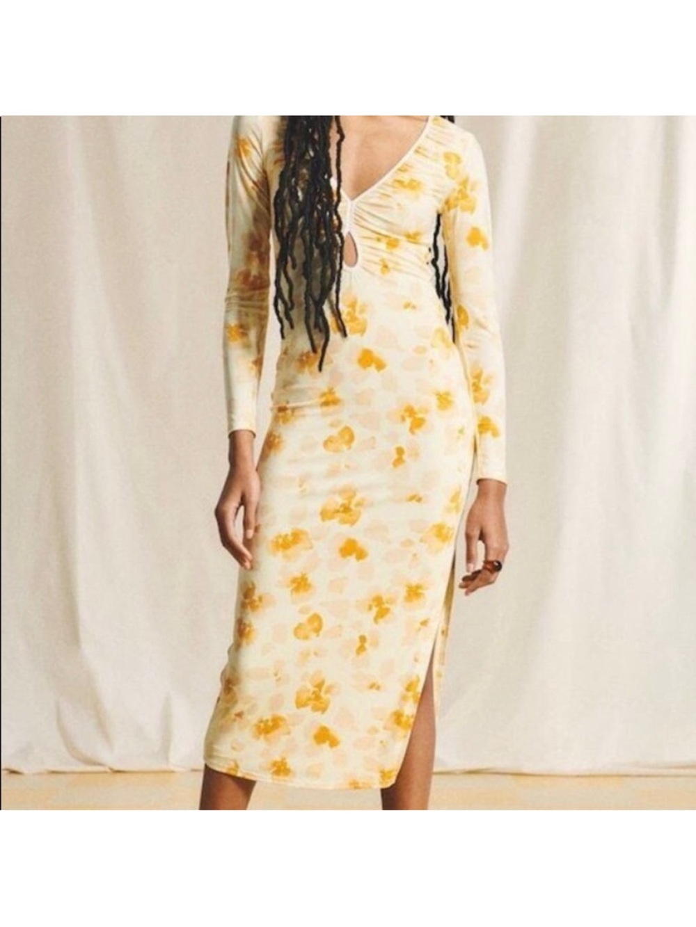Abercrombie & Fitch Yellow Floral Long Sleeve Side Slit Midi Dress Size XXS